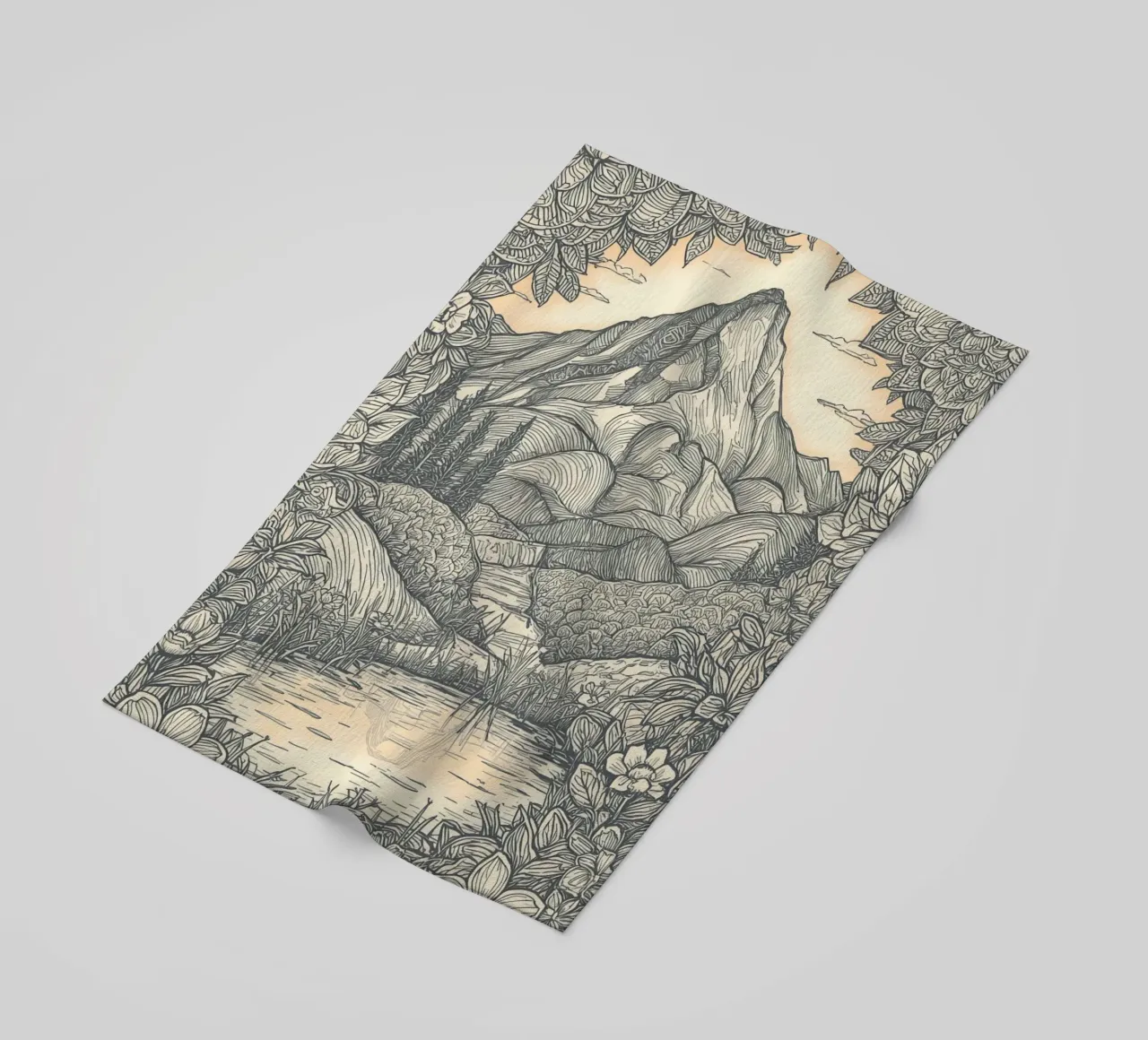 Paesaggio montano con laghetto e cornice floreale telo mare da DesignDoodle