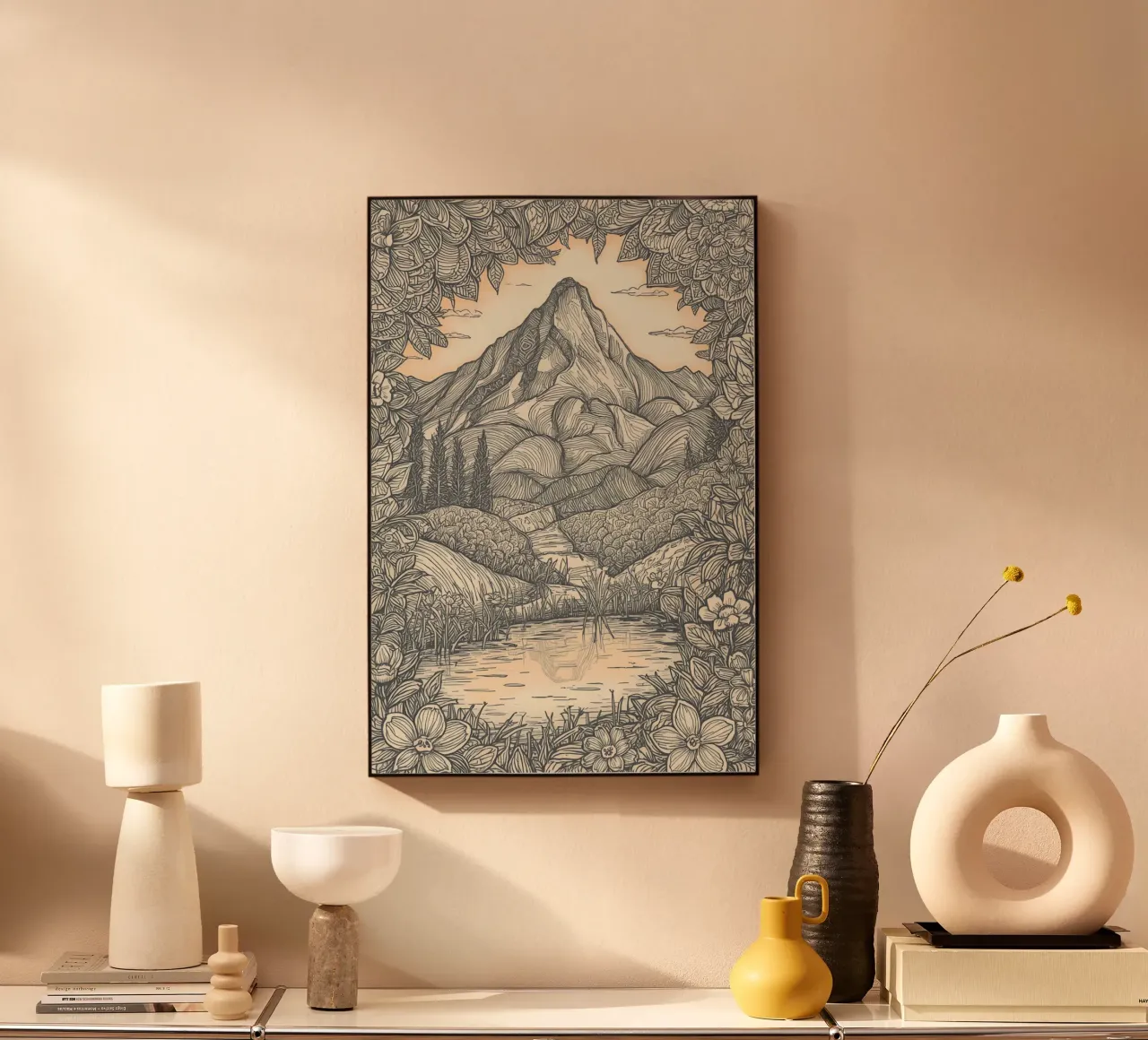 Paesaggio montano con laghetto e cornice floreale plexiglass da DesignDoodle