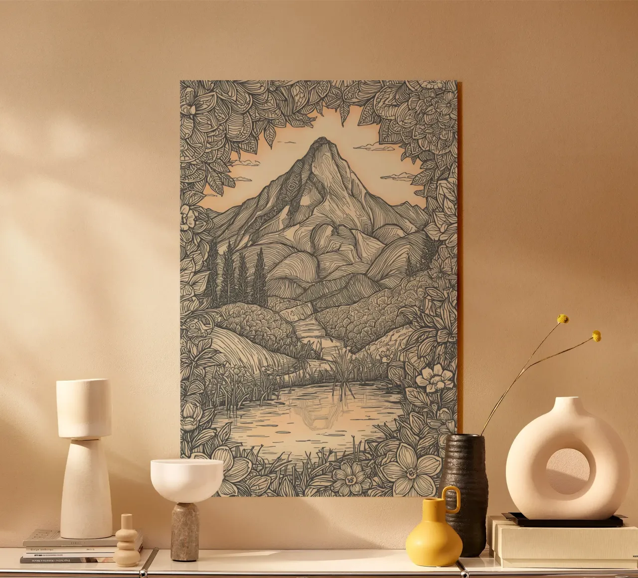 Paesaggio montano con laghetto e cornice floreale plexiglass da DesignDoodle