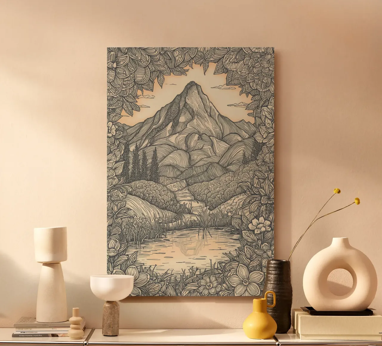 Paesaggio montano con laghetto e cornice floreale alluminio dibond da DesignDoodle