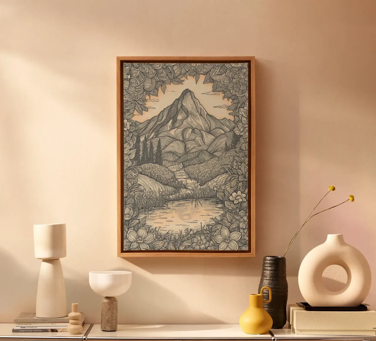 Berglandschap met vijver en bloemenkader canvas van DesignDoodle