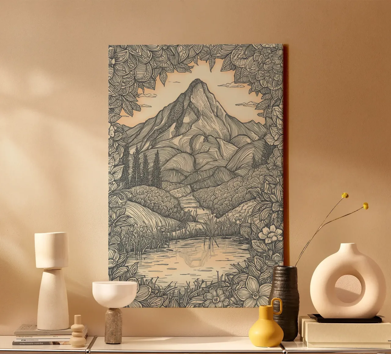 Berglandschap met vijver en bloemenkader canvas van DesignDoodle
