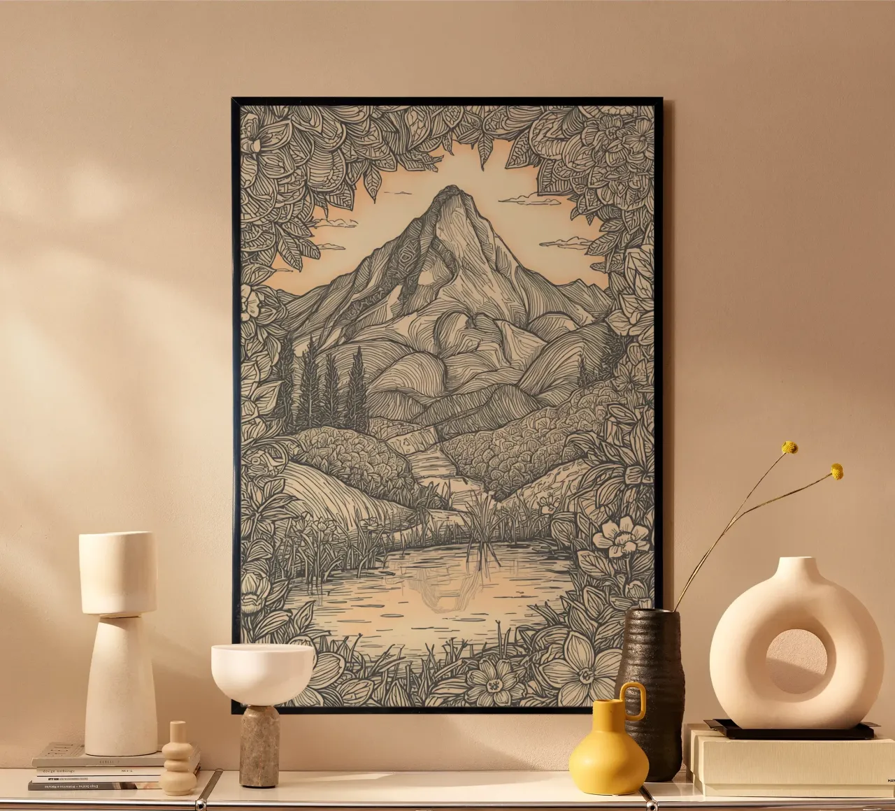 Paesaggio montano con laghetto e cornice floreale carta hahnemühle da DesignDoodle