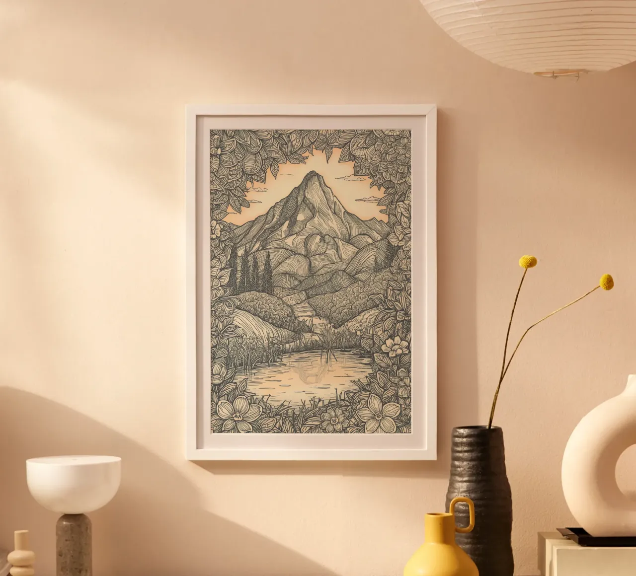 Paesaggio montano con laghetto e cornice floreale carta hahnemühle da DesignDoodle