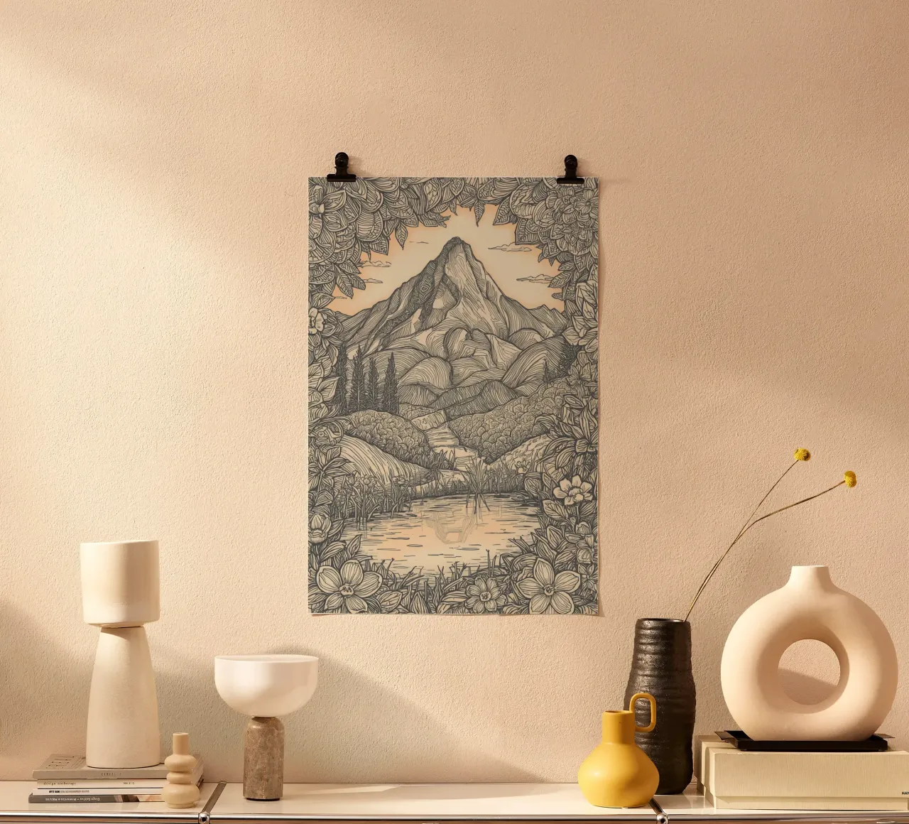 Paesaggio montano con laghetto e cornice floreale carta hahnemühle da DesignDoodle