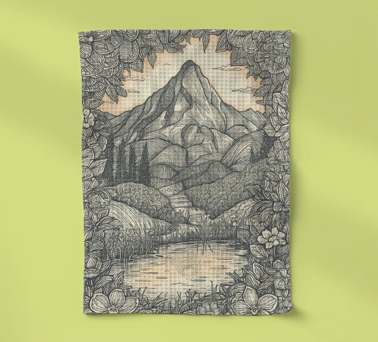 Paesaggio montano con laghetto e cornice floreale canovaccio da cucina da DesignDoodle