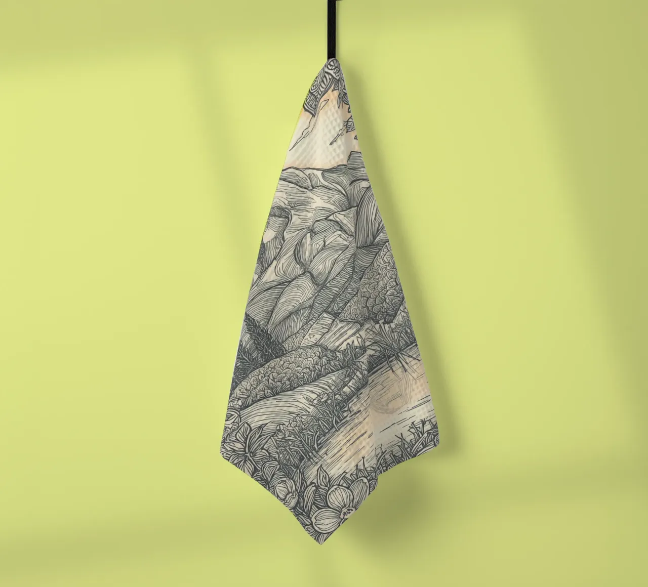 Paesaggio montano con laghetto e cornice floreale canovaccio da cucina da DesignDoodle