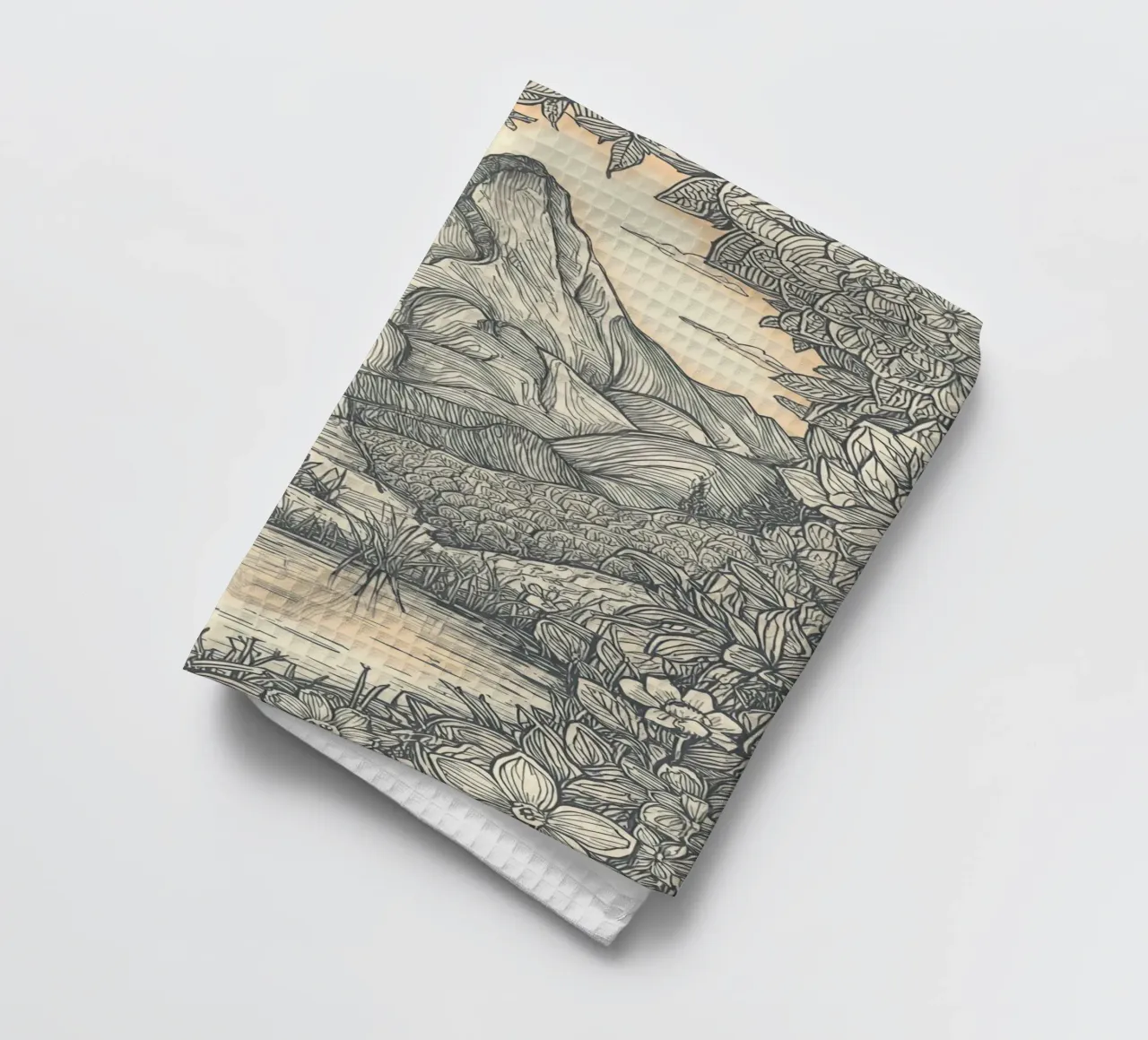 Paesaggio montano con laghetto e cornice floreale canovaccio da cucina da DesignDoodle