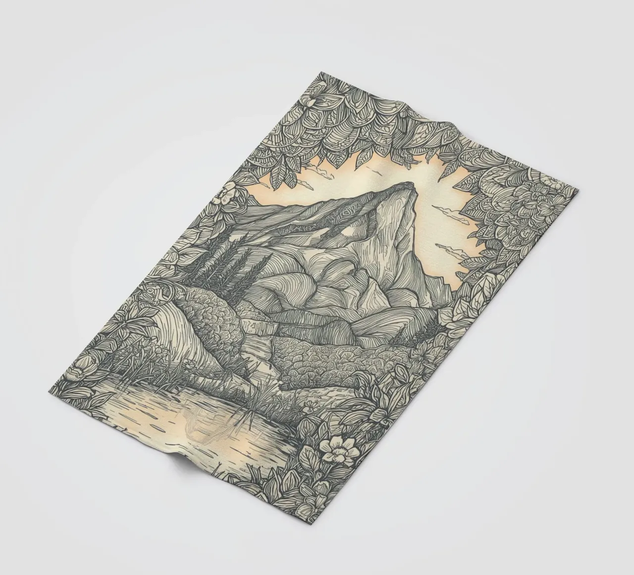 Paesaggio montano con laghetto e cornice floreale coperta in pile da DesignDoodle