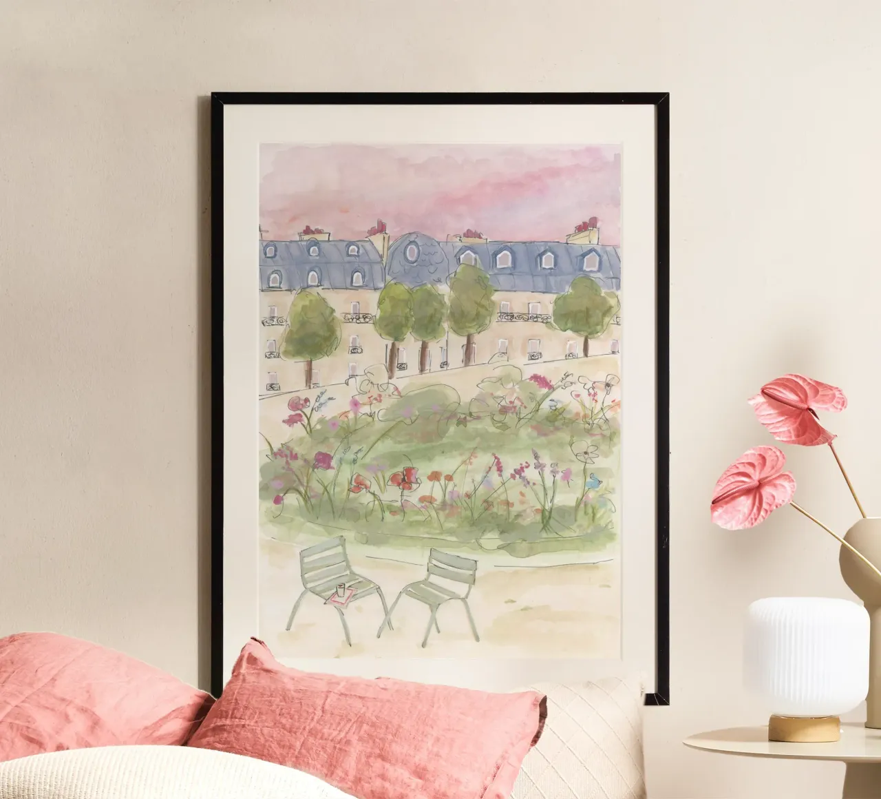 Giardino parigino poster con telaio in legno da Katharina Puritscher