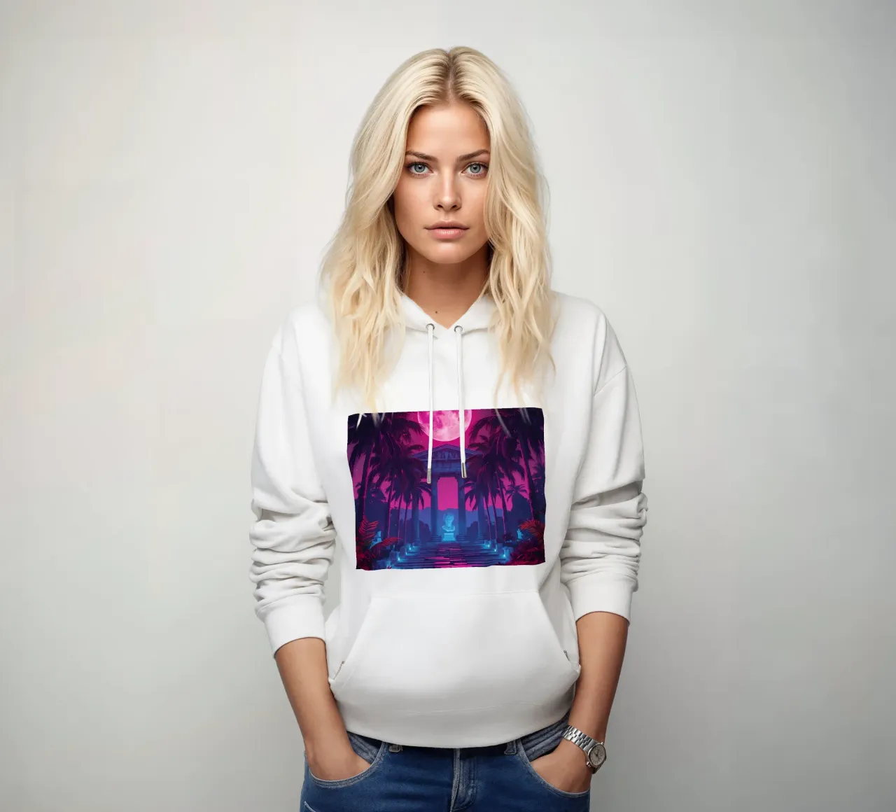 Scena notturna con tempio classico e luna rosa felpa con cappuccio da DesignDoodle