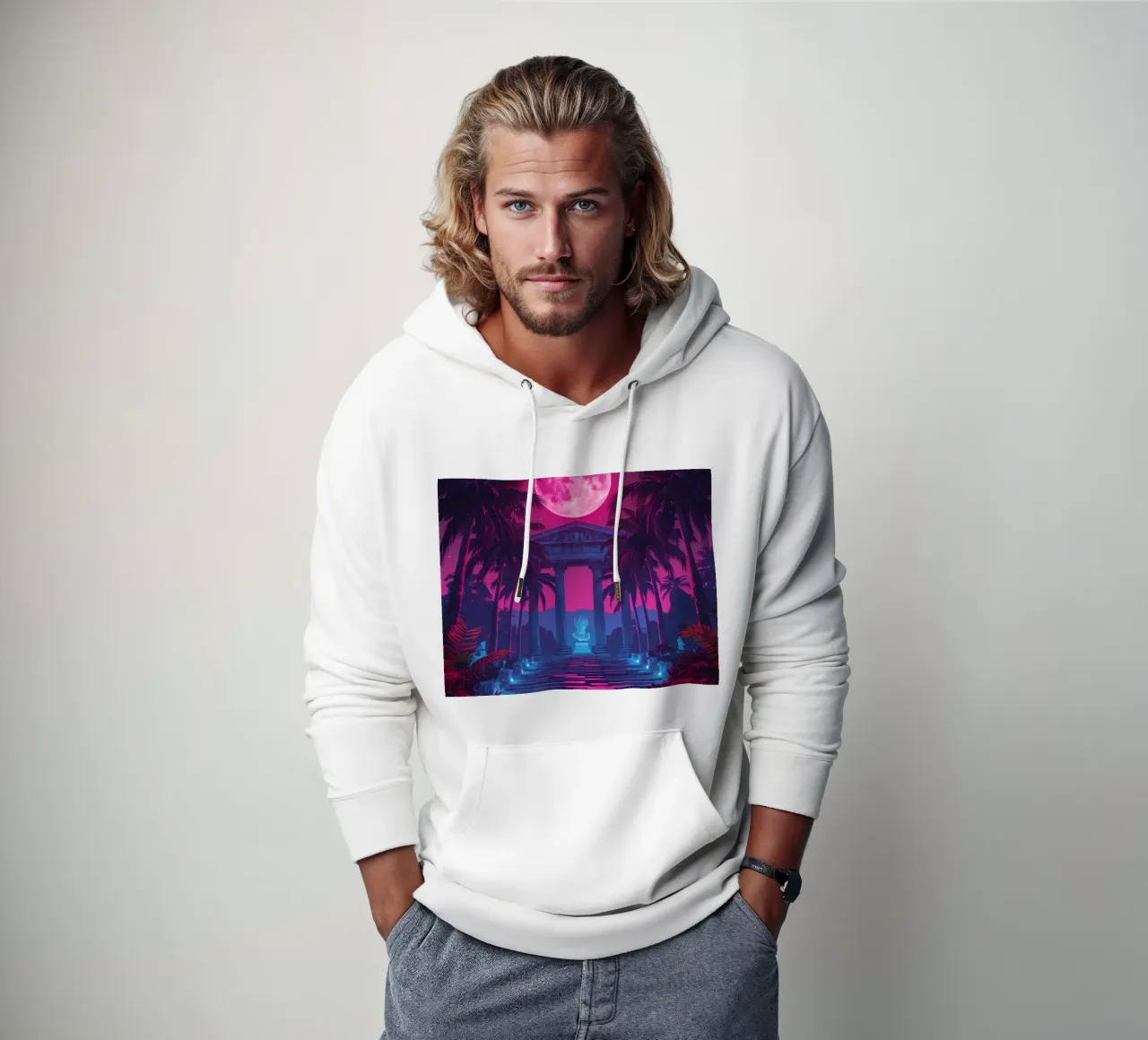 Scena notturna con tempio classico e luna rosa felpa con cappuccio da DesignDoodle