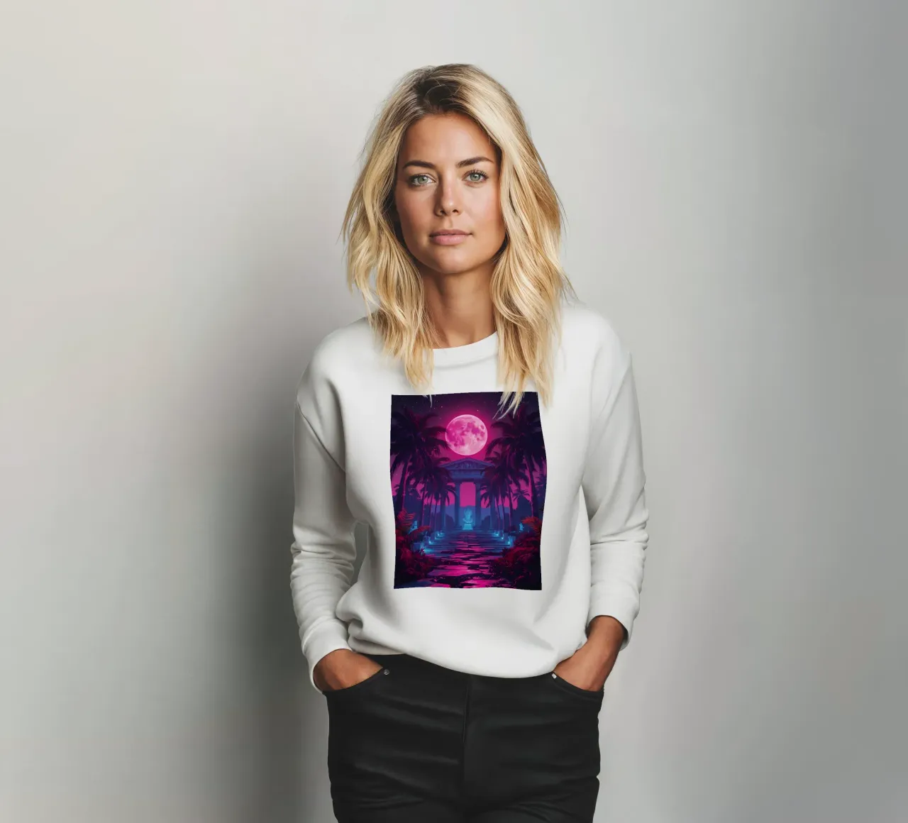 Nachtszene mit klassischem Tempel und rosa Mond Sweatshirt von DesignDoodle