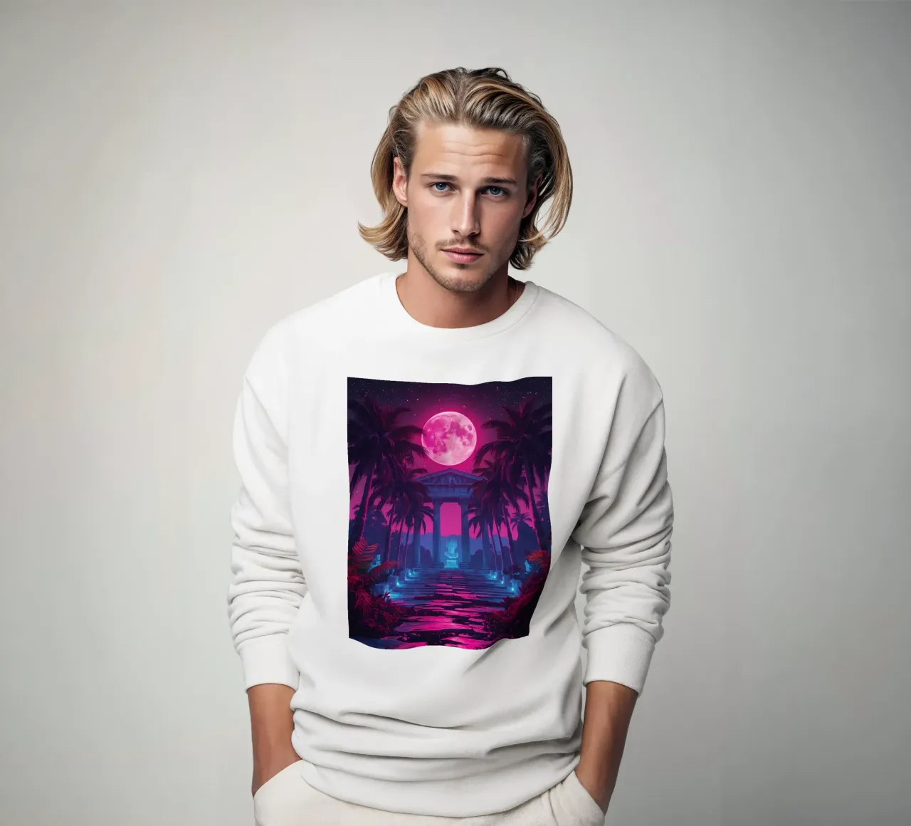 Nachtszene mit klassischem Tempel und rosa Mond Sweatshirt von DesignDoodle