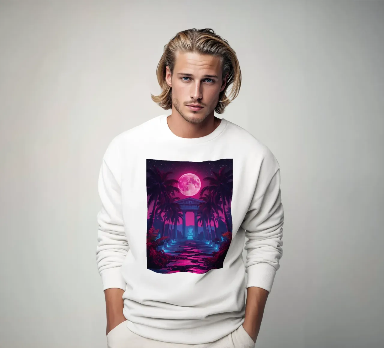 Scena notturna con tempio classico e luna rosa felpa da DesignDoodle