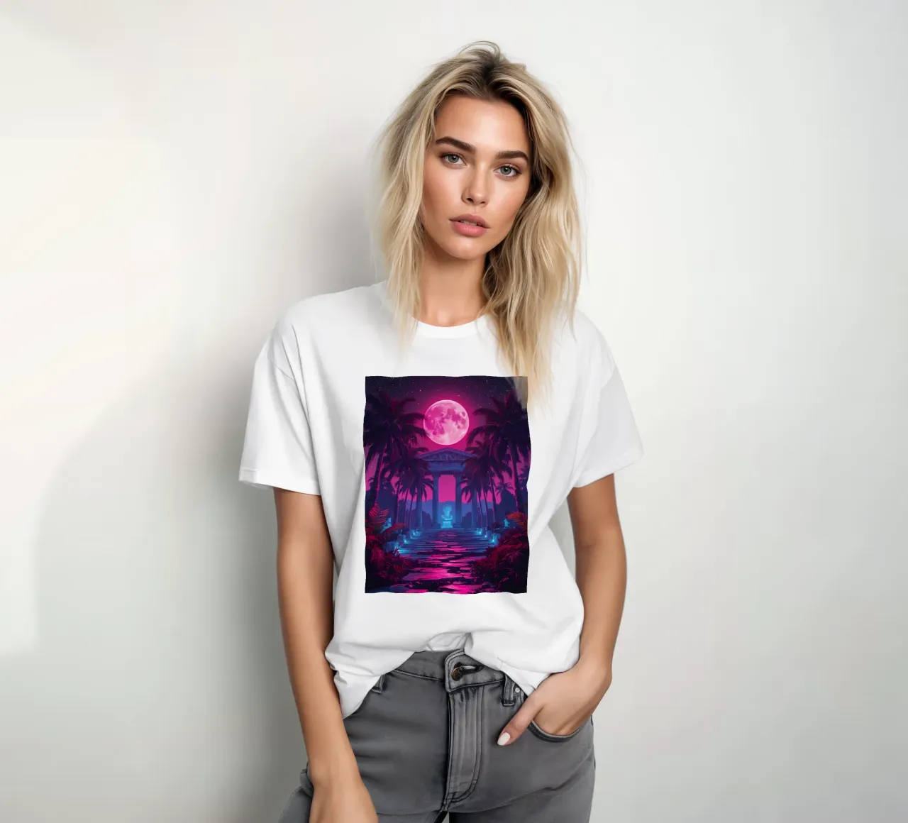 Scena notturna con tempio classico e luna rosa t-shirt da DesignDoodle
