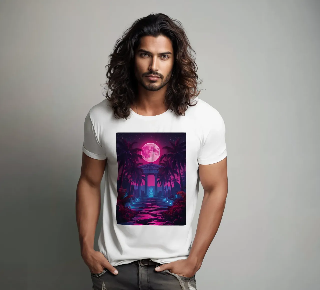Scena notturna con tempio classico e luna rosa t-shirt da DesignDoodle