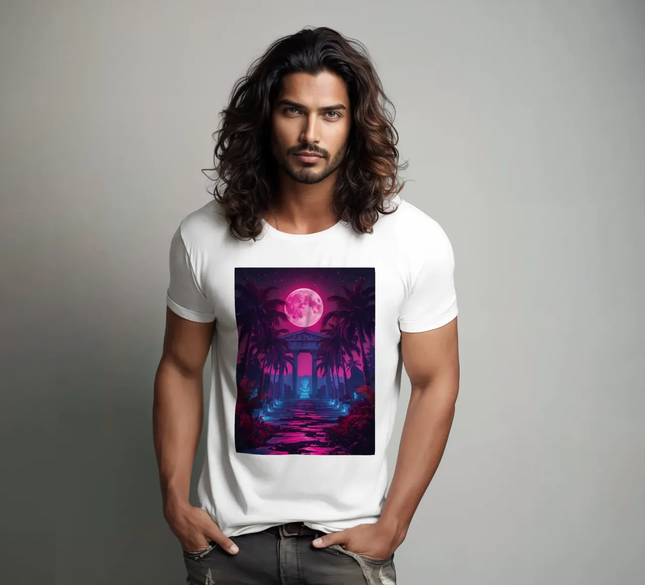 Scena notturna con tempio classico e luna rosa t-shirt da DesignDoodle