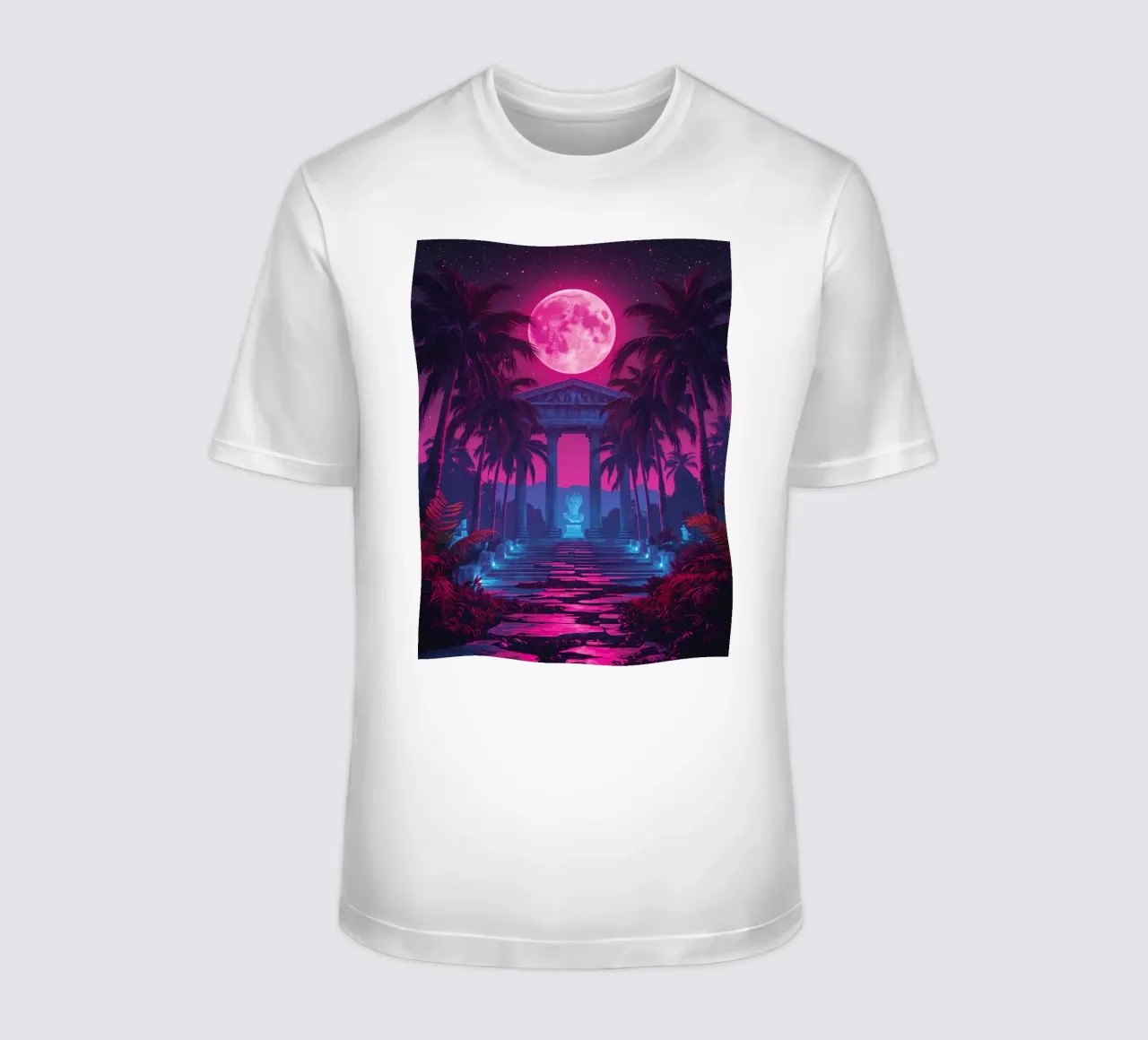 Scena notturna con tempio classico e luna rosa t-shirt da DesignDoodle
