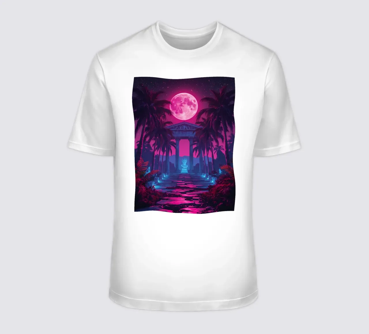 Scena notturna con tempio classico e luna rosa t-shirt da DesignDoodle