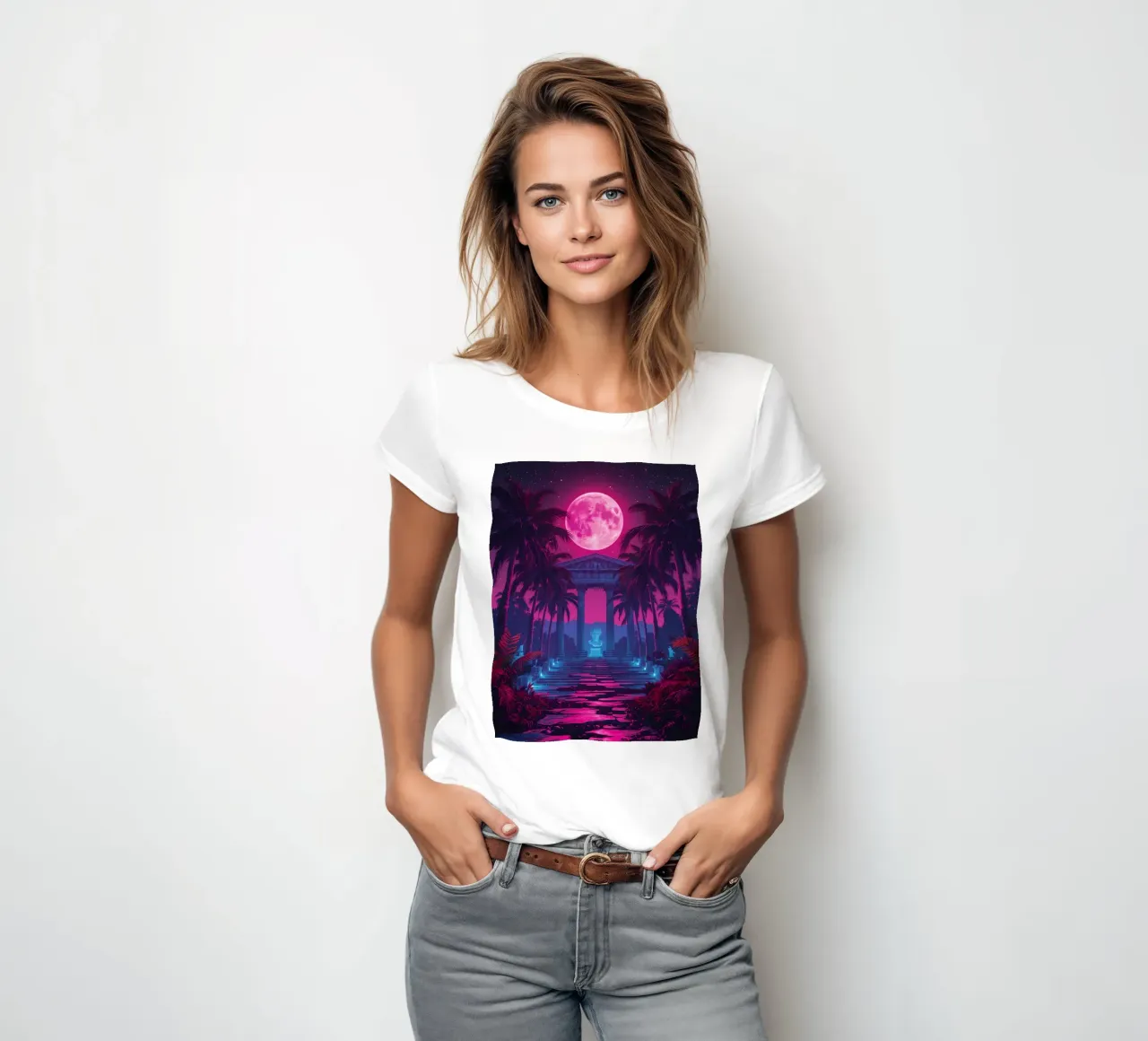 Scena notturna con tempio classico e luna rosa t-shirt da donna da DesignDoodle