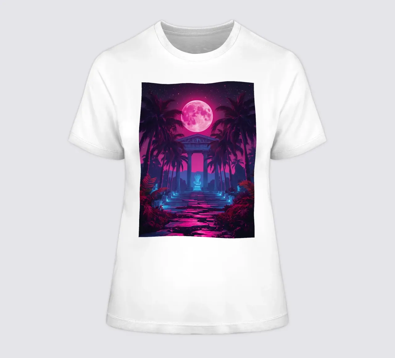 Scena notturna con tempio classico e luna rosa t-shirt da donna da DesignDoodle