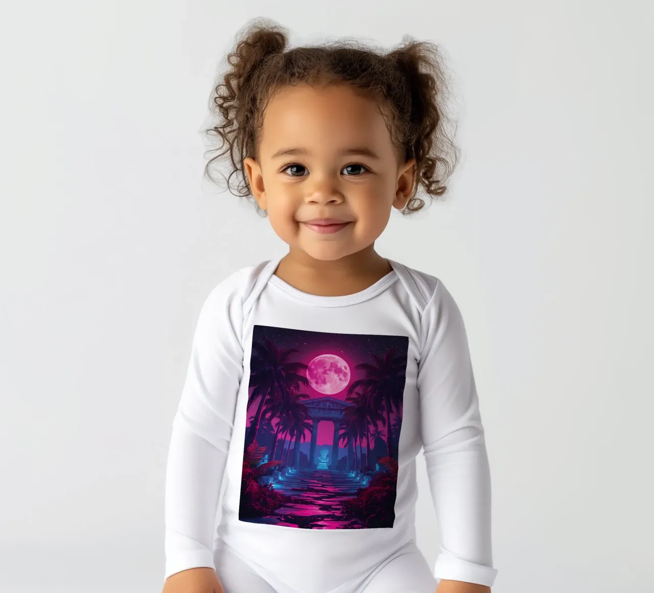 Scena notturna con tempio classico e luna rosa body neonato maniche lunghe da DesignDoodle