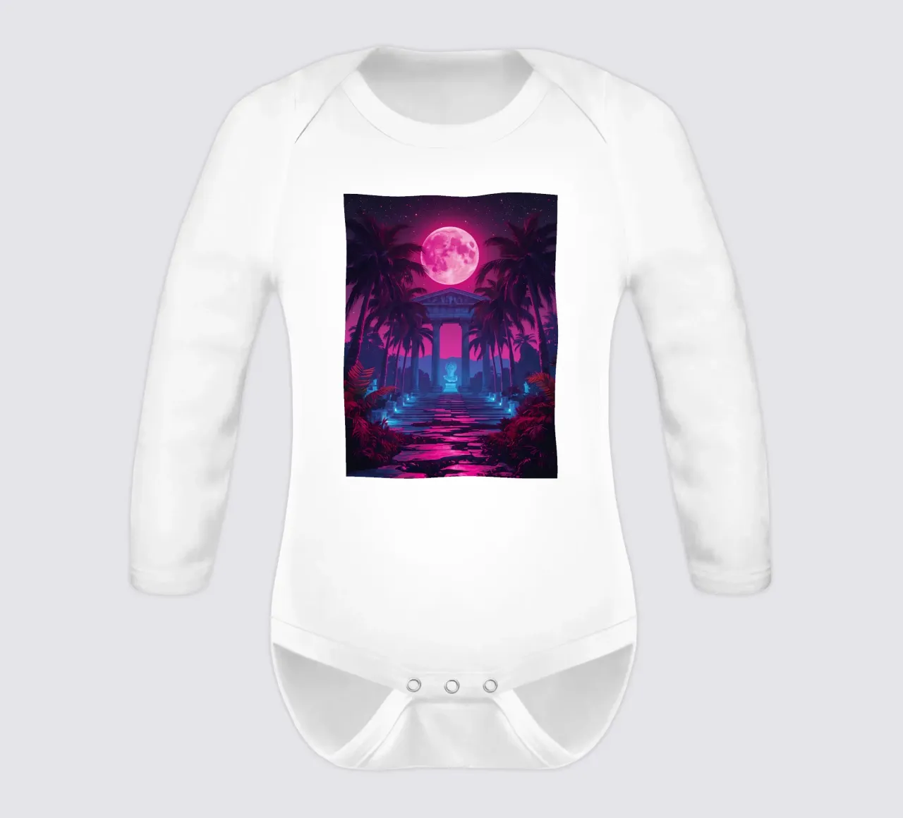 Scena notturna con tempio classico e luna rosa body neonato maniche lunghe da DesignDoodle