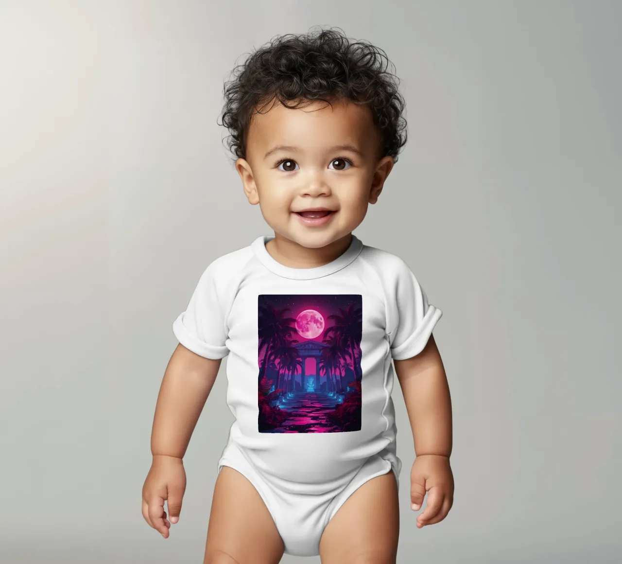 Scena notturna con tempio classico e luna rosa body neonato maniche corte da DesignDoodle