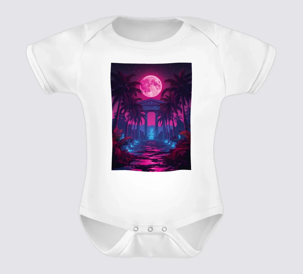 Scena notturna con tempio classico e luna rosa body neonato maniche corte da DesignDoodle
