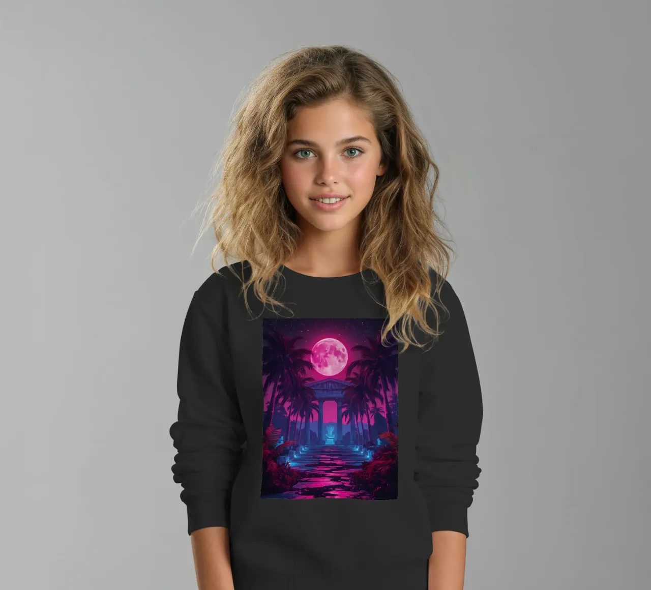 Scena notturna con tempio classico e luna rosa felpa bambino da DesignDoodle