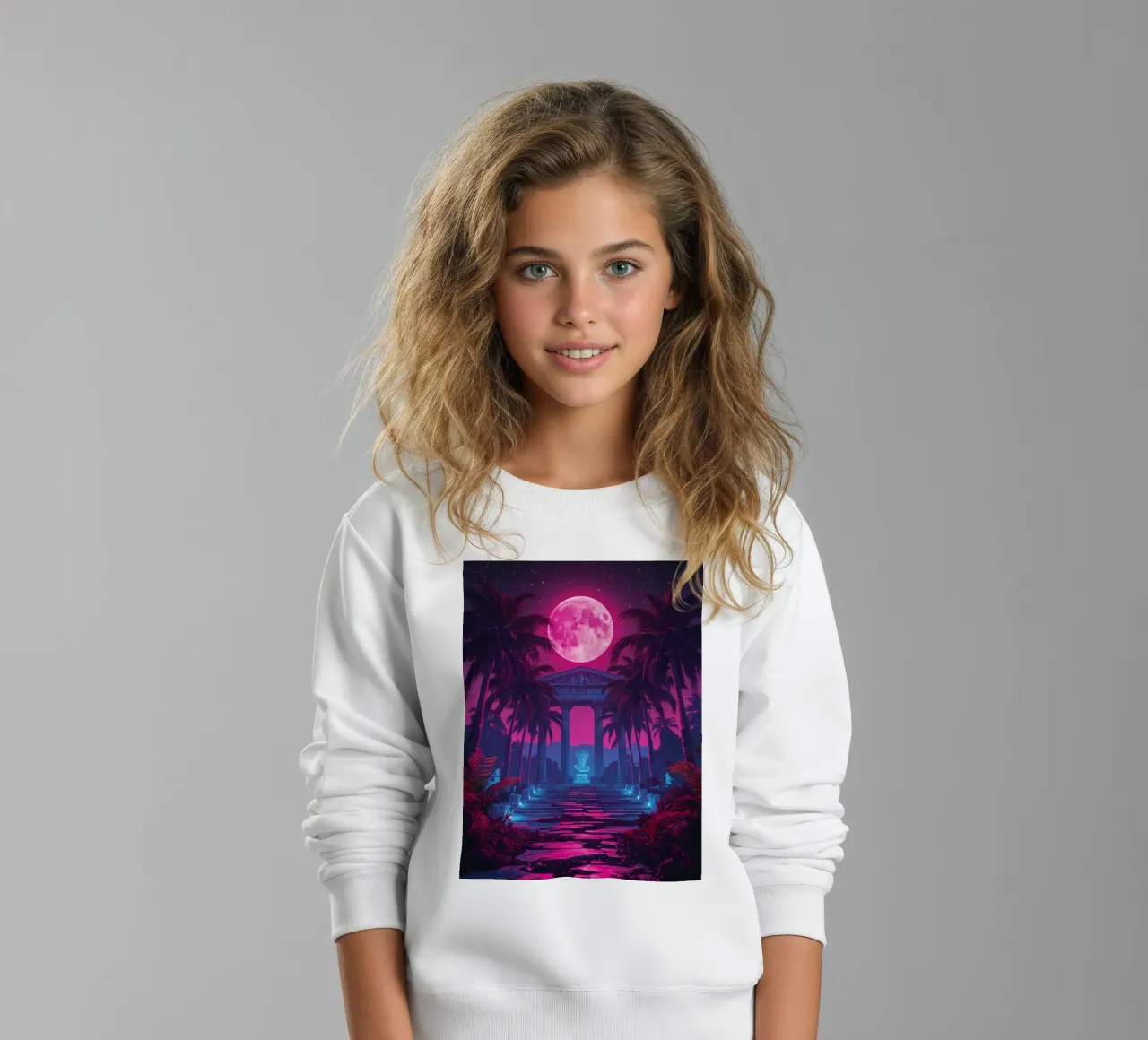 Scena notturna con tempio classico e luna rosa felpa bambino da DesignDoodle
