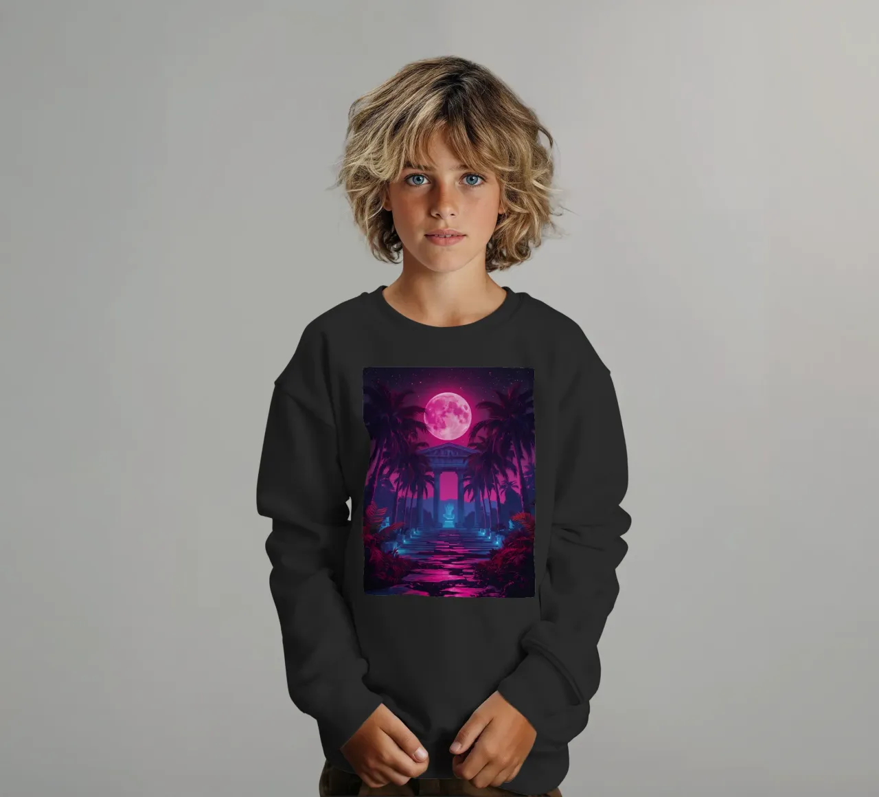 Scena notturna con tempio classico e luna rosa felpa bambino da DesignDoodle