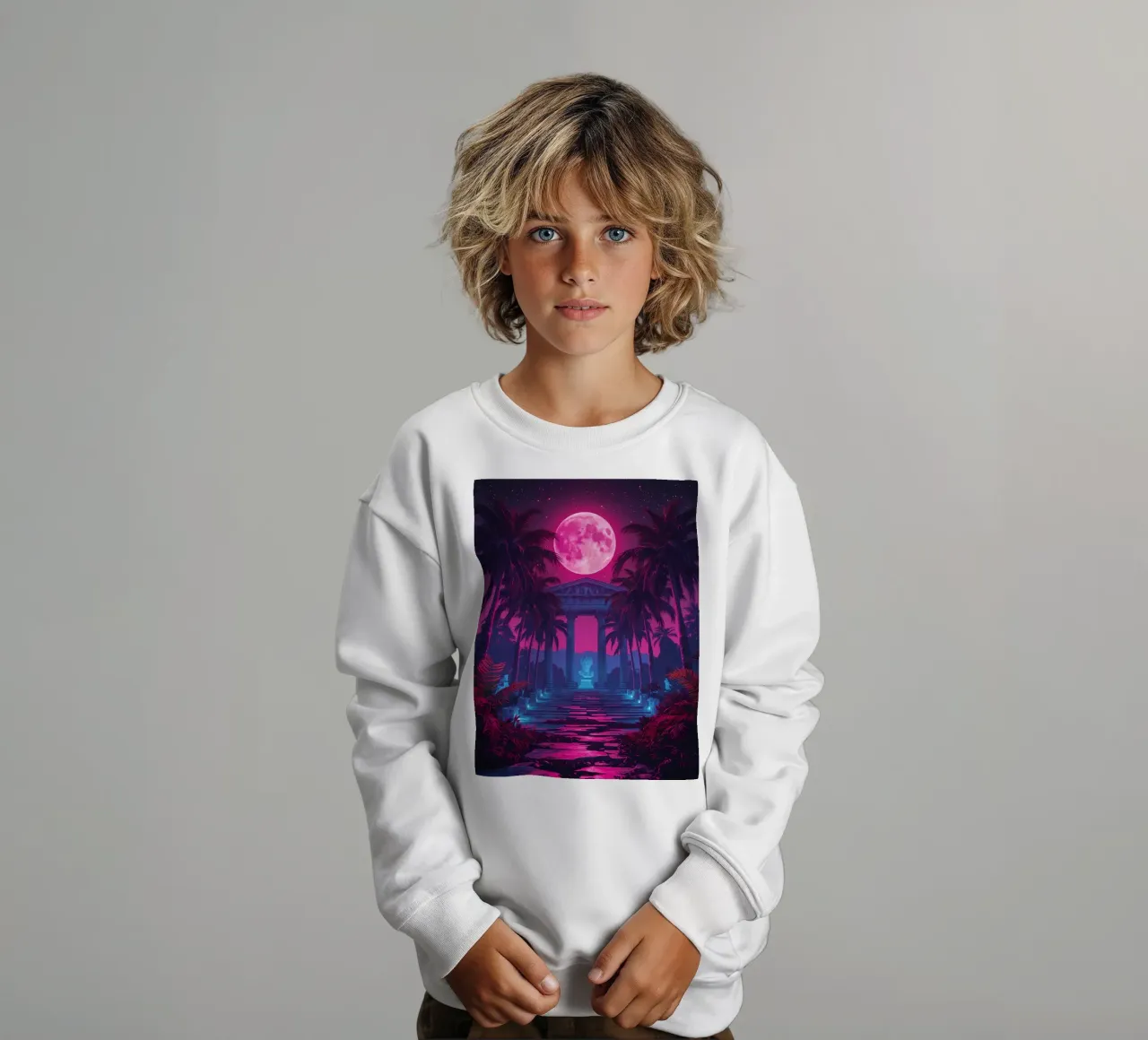 Scena notturna con tempio classico e luna rosa felpa bambino da DesignDoodle