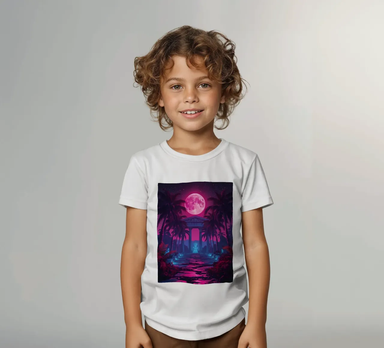 Scena notturna con tempio classico e luna rosa t-shirt bambini da DesignDoodle