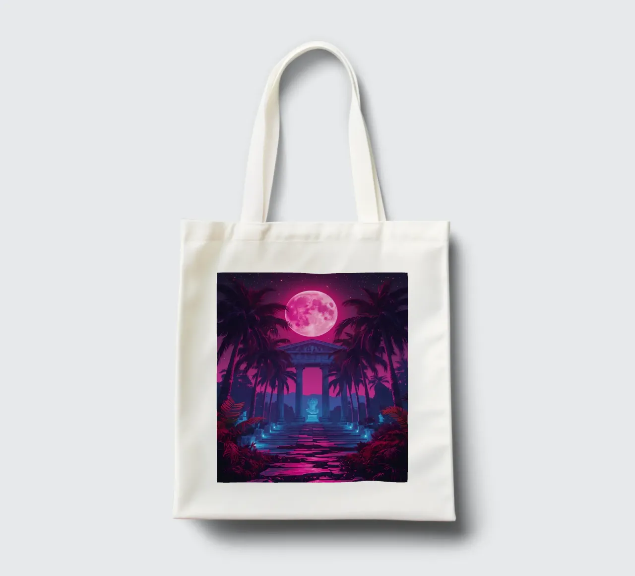 Scena notturna con tempio classico e luna rosa borsa in juta da DesignDoodle