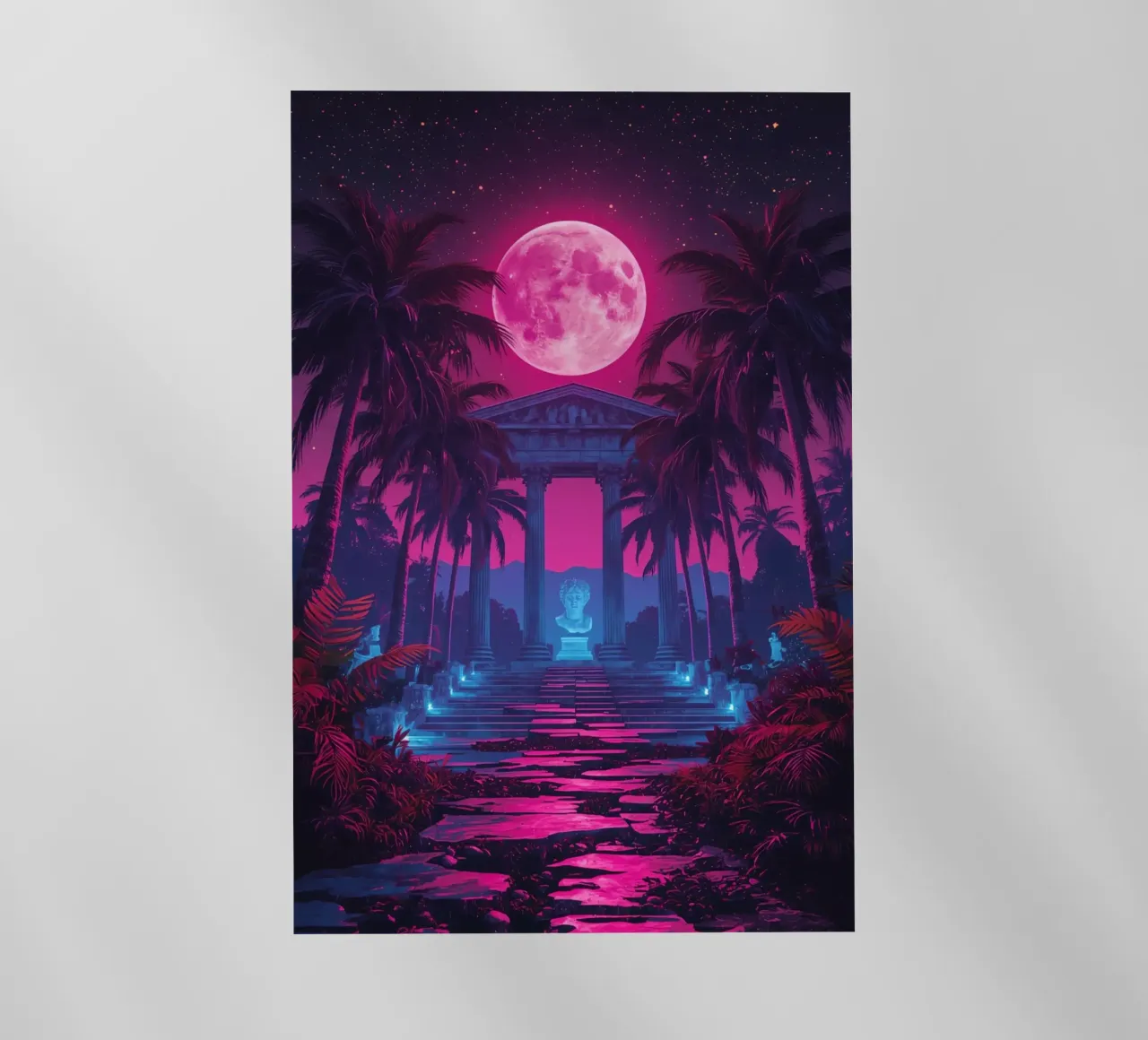 Scena notturna con tempio classico e luna rosa pellicola backlit da DesignDoodle