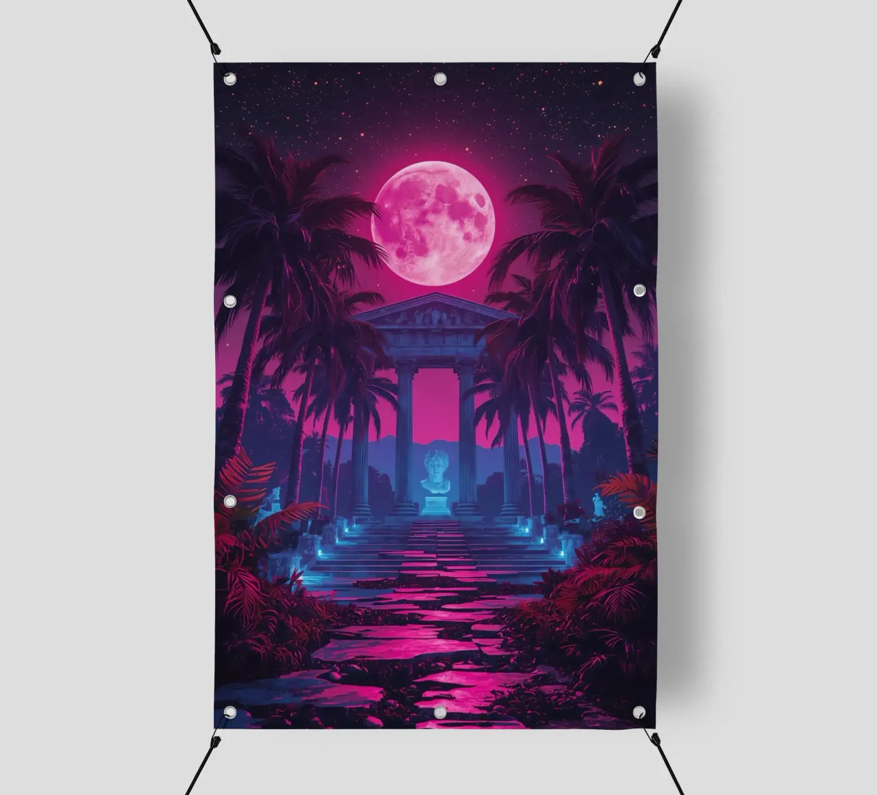 Scena notturna con tempio classico e luna rosa telo in pvc da DesignDoodle