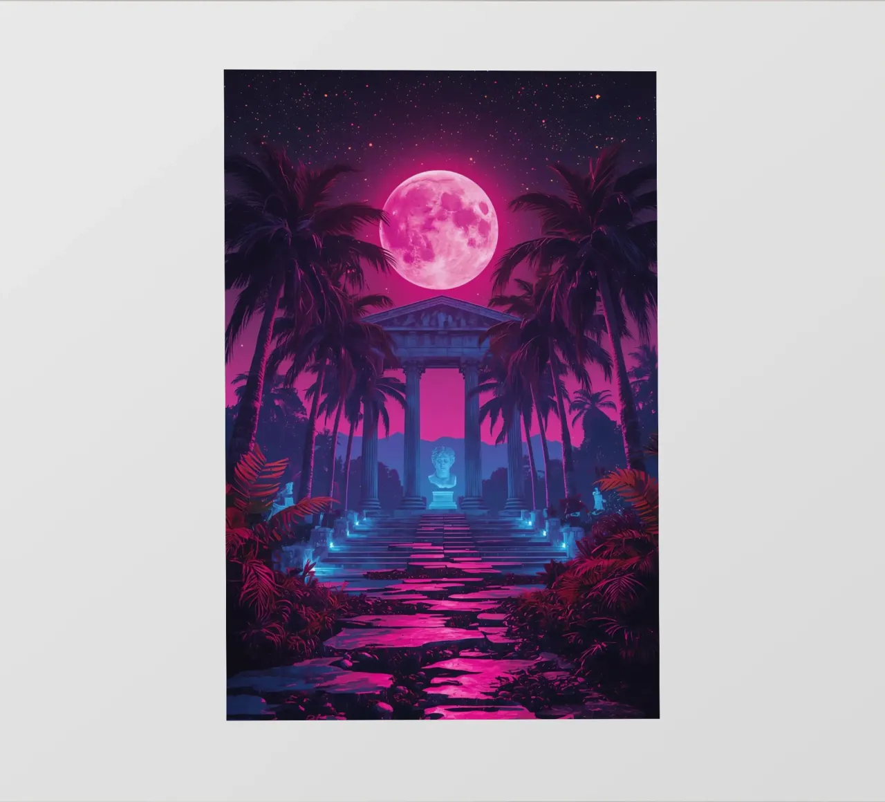 Scena notturna con tempio classico e luna rosa telo in pvc da DesignDoodle