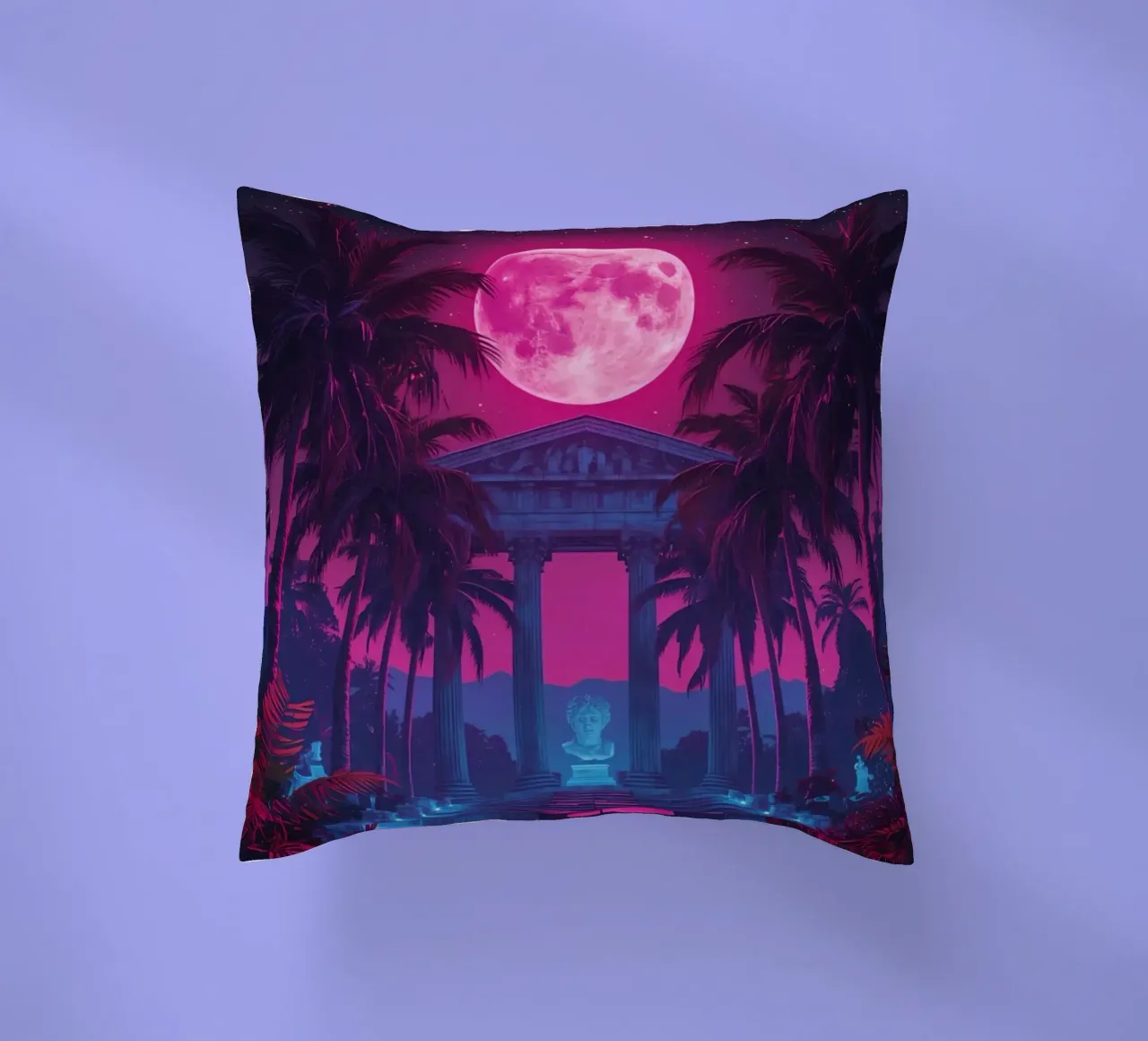 Scena notturna con tempio classico e luna rosa cuscino da DesignDoodle
