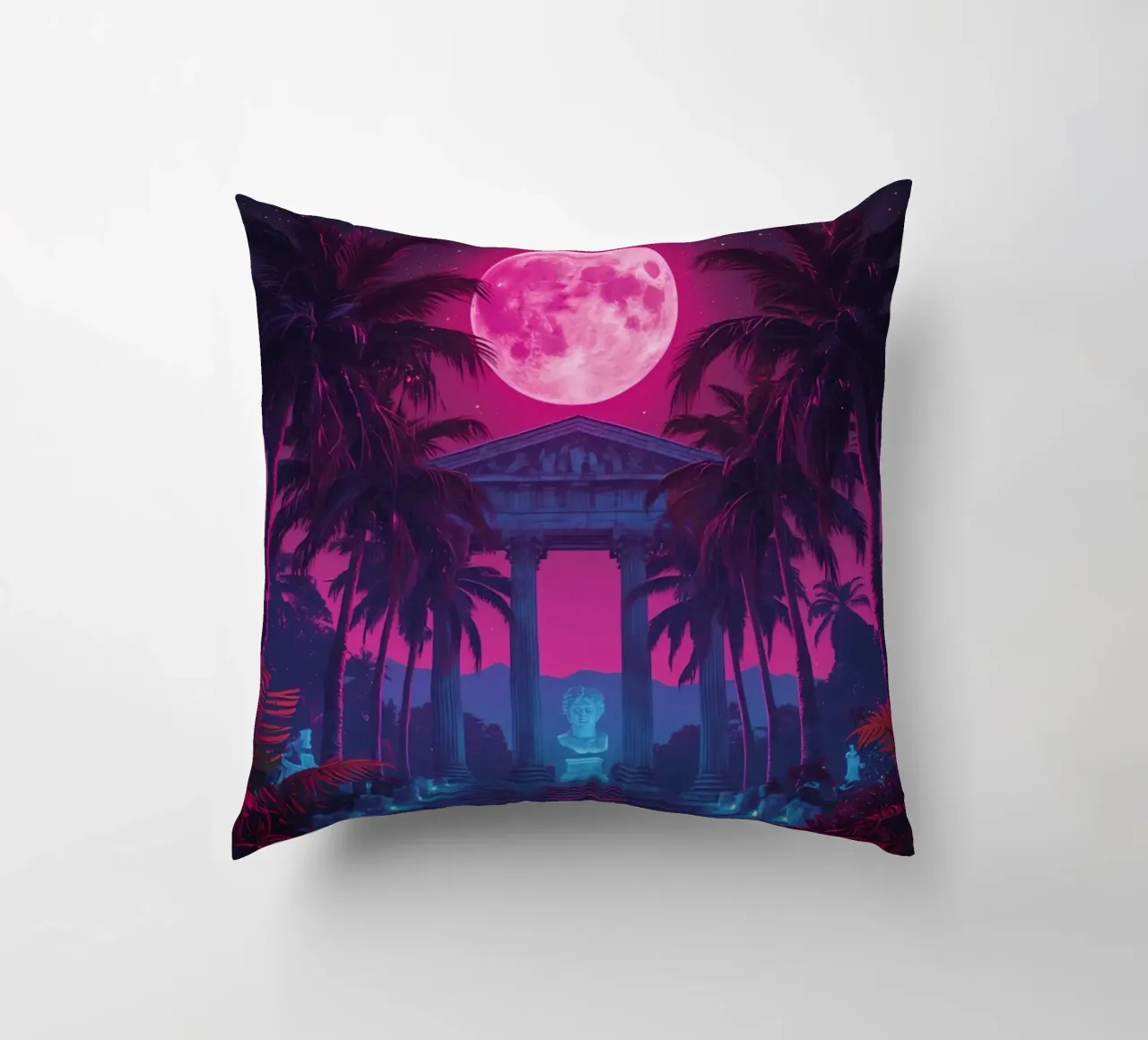 Scena notturna con tempio classico e luna rosa cuscino da DesignDoodle