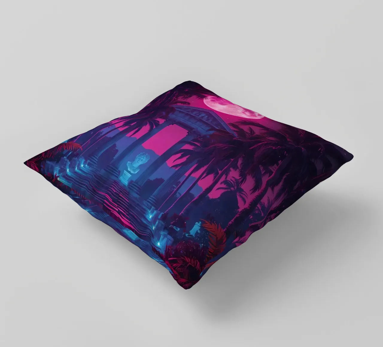Scena notturna con tempio classico e luna rosa cuscino da DesignDoodle
