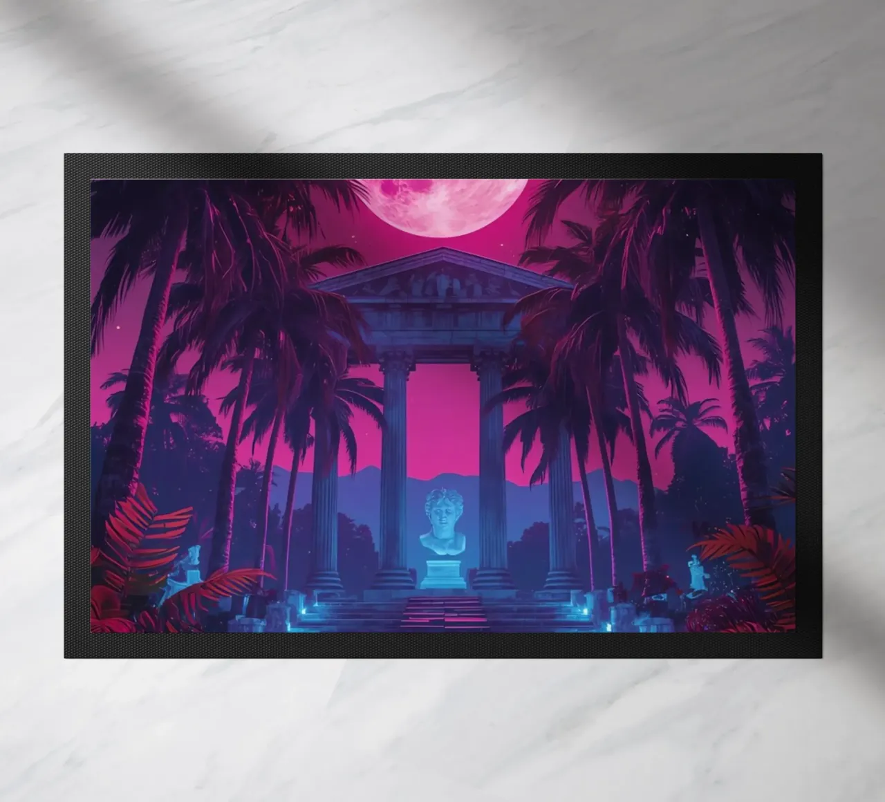 Scena notturna con tempio classico e luna rosa zerbino da DesignDoodle