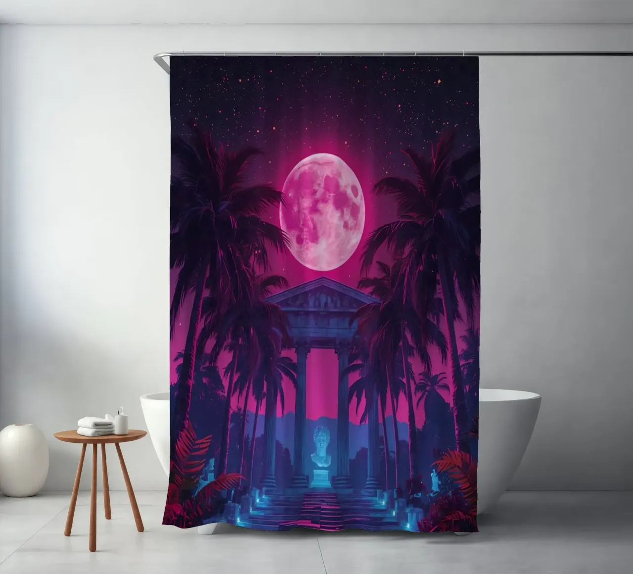 Scena notturna con tempio classico e luna rosa tenda da doccia da DesignDoodle
