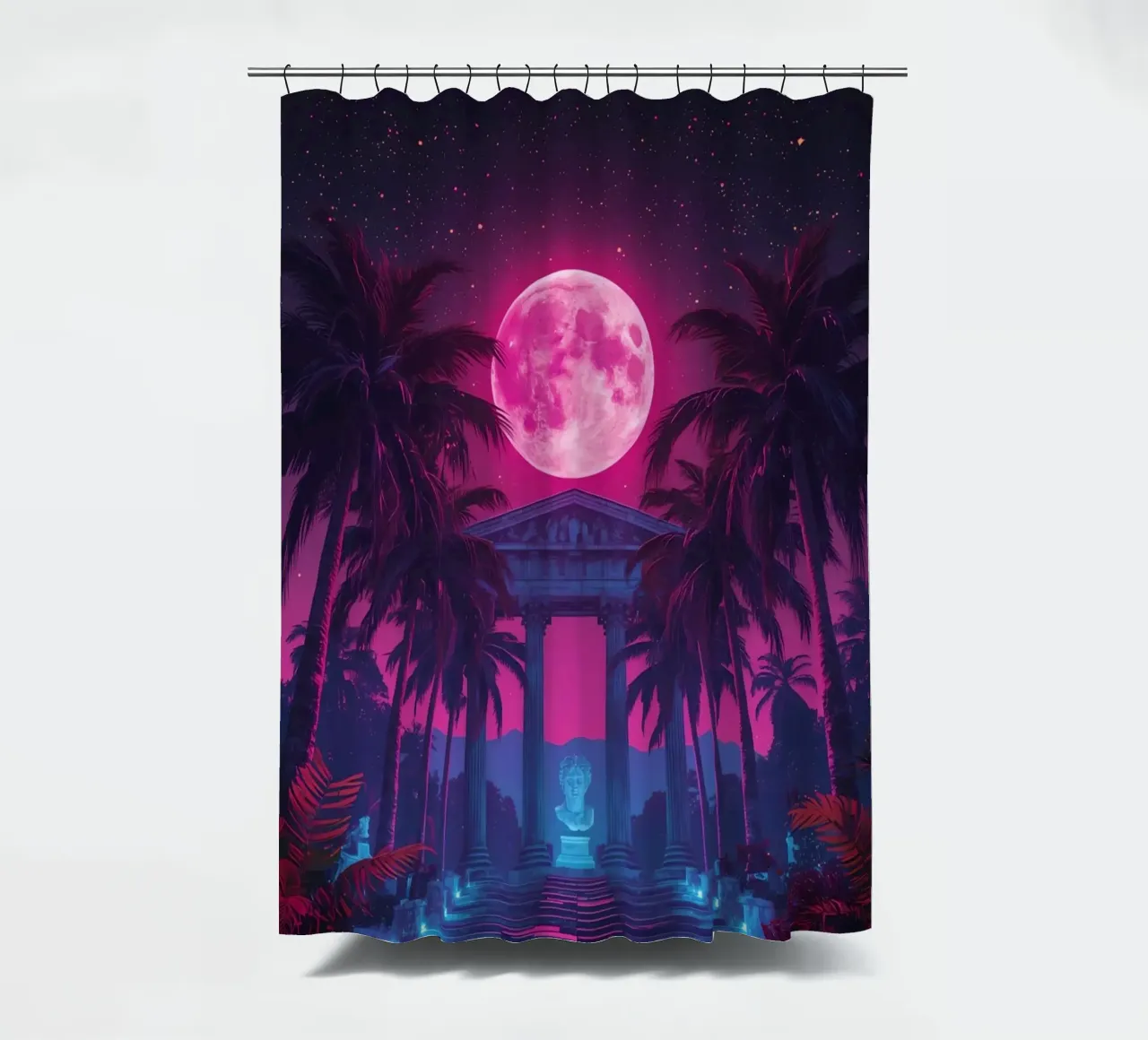 Scena notturna con tempio classico e luna rosa tenda da doccia da DesignDoodle