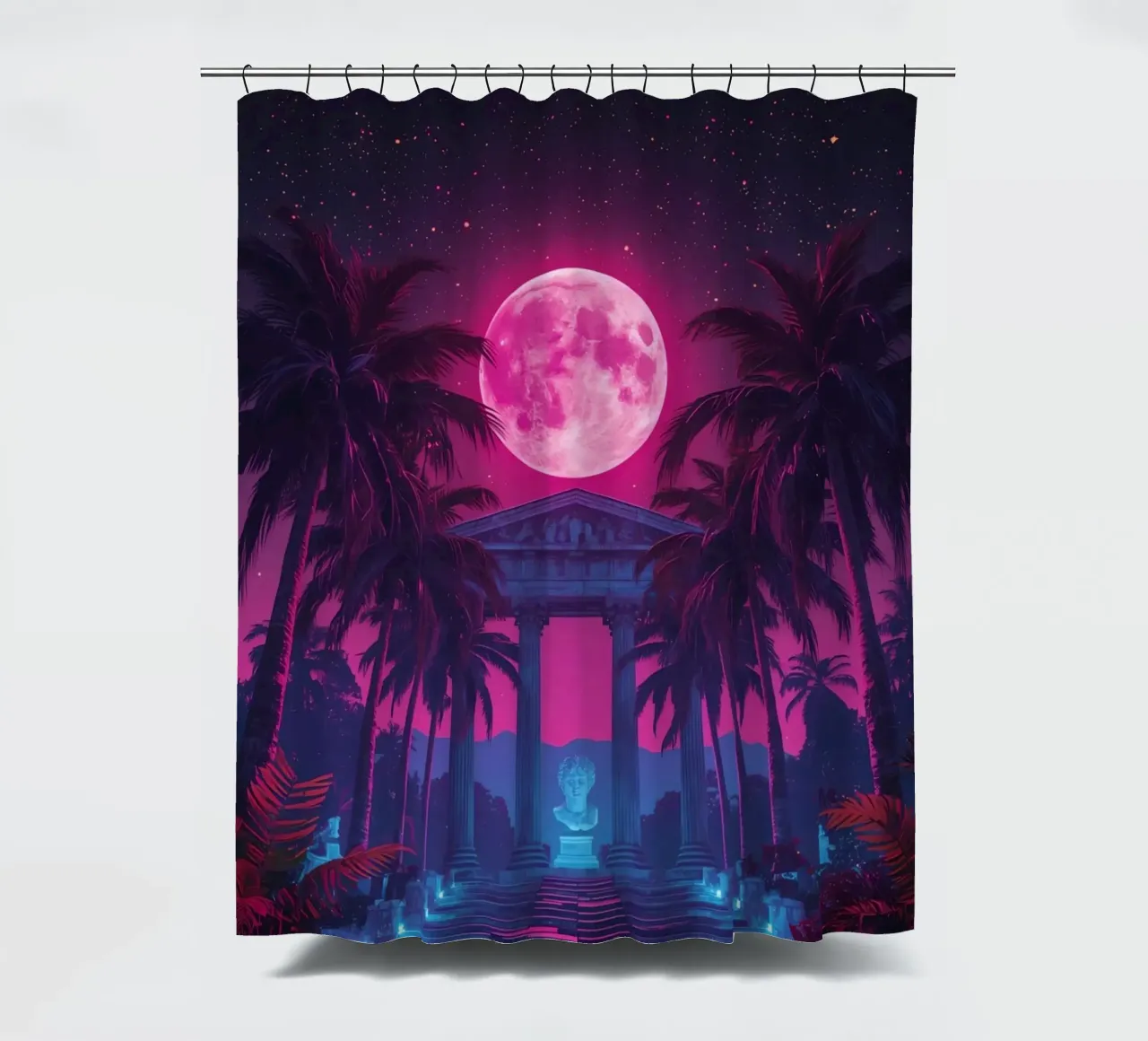 Scena notturna con tempio classico e luna rosa tenda da doccia da DesignDoodle