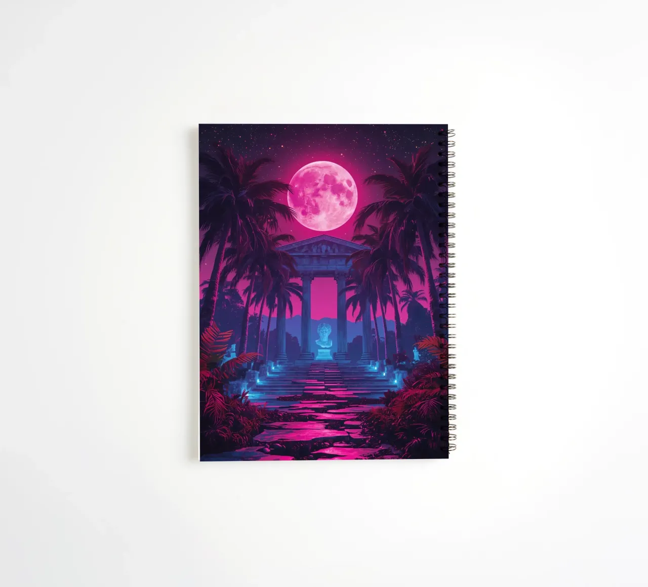 Scena notturna con tempio classico e luna rosa diario ad anelli da DesignDoodle