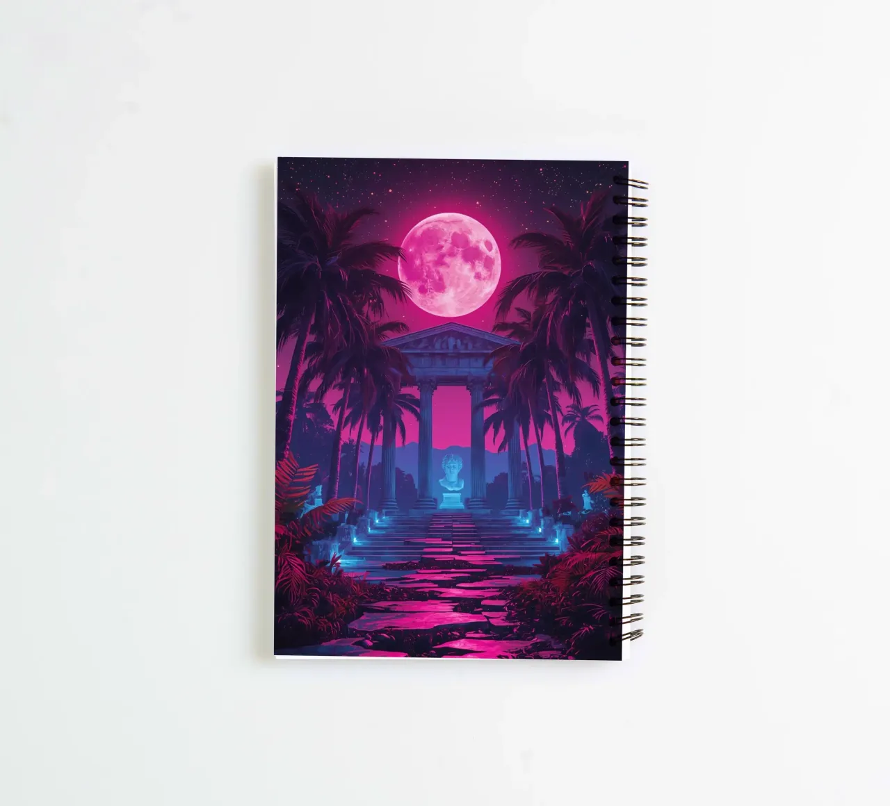 Scena notturna con tempio classico e luna rosa diario ad anelli da DesignDoodle