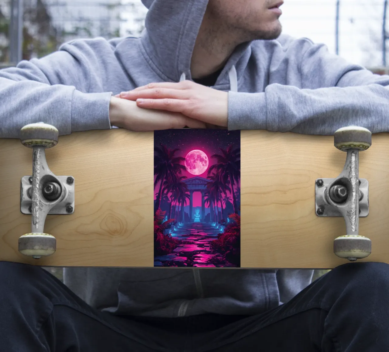 Scena notturna con tempio classico e luna rosa adesivo da DesignDoodle