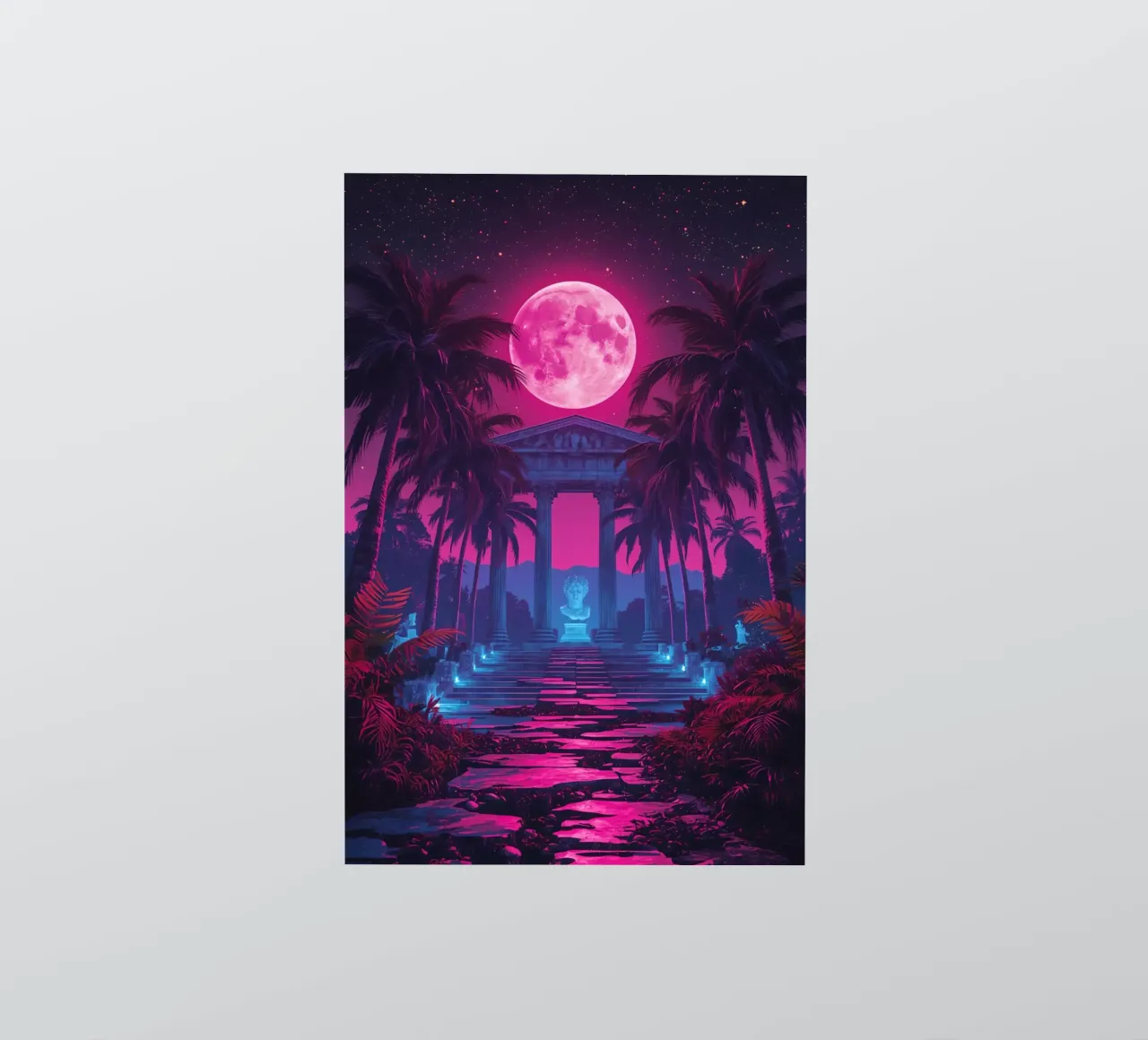 Scena notturna con tempio classico e luna rosa adesivo da DesignDoodle